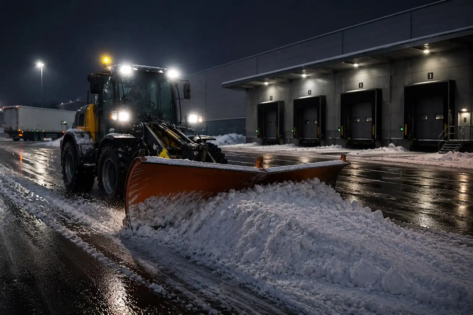 Hjullastare med brett plogblad skjuter en snösträng framför sig över en asfaltplan, framför en terminalbyggnad med upplysta lastkajer.
