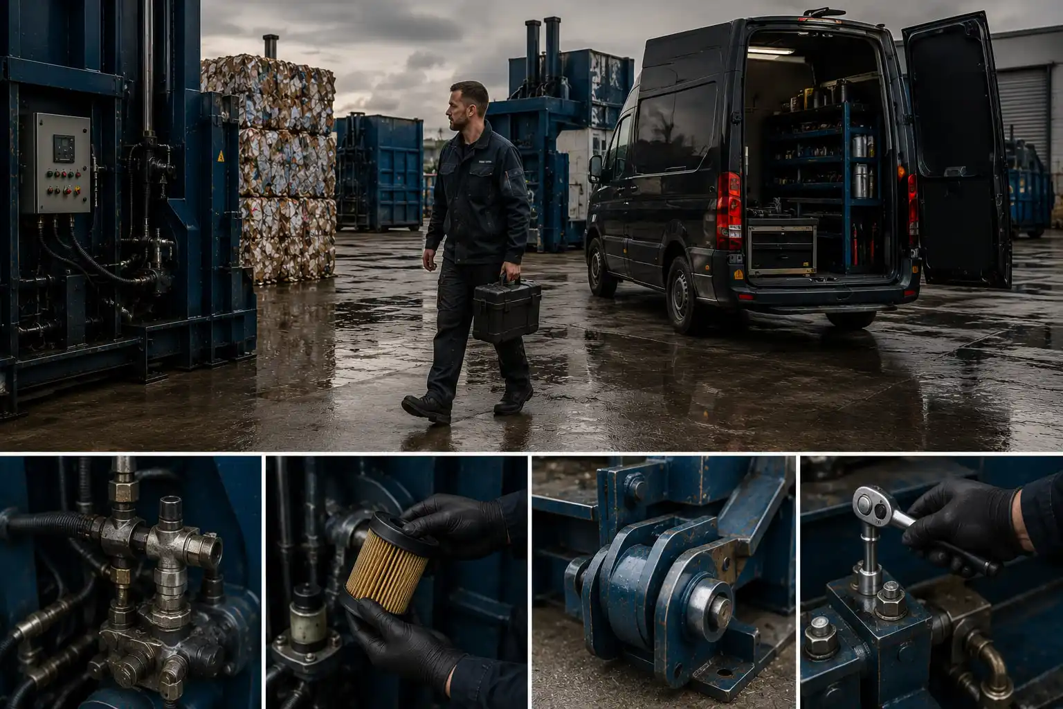 Bildkollage: överst en tekniker med verktygslåda på väg mot en servicebil med verktygshyllor. Under fyra närbilder på hydraulkopplingar, filterbyte, ett slitagelager och en momentnyckel.